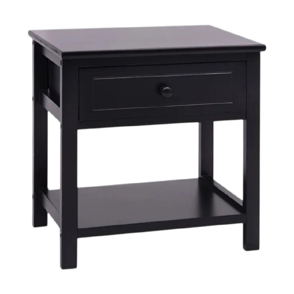 Table de chevet en bois noir avec tiroir et étagère