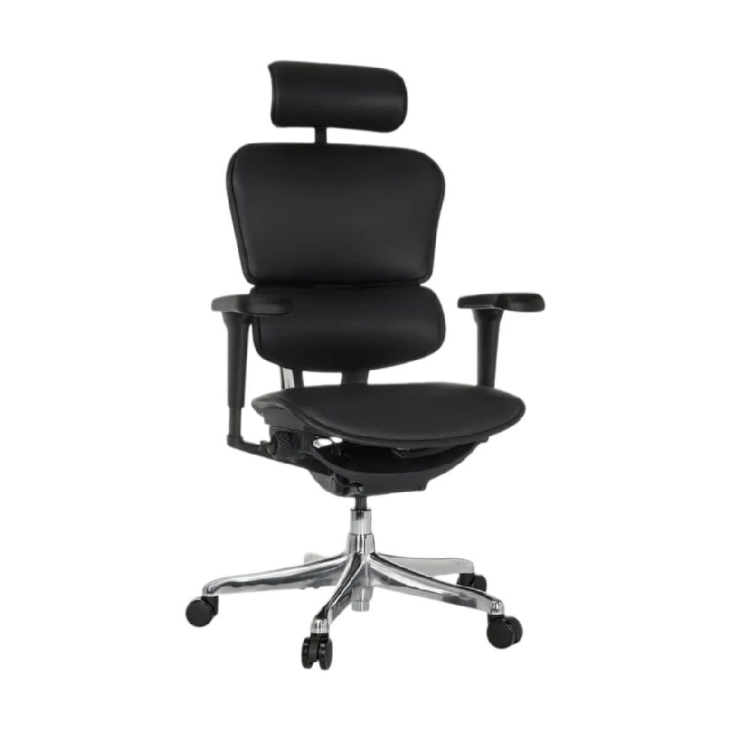 Chaise de bureau ergonomique en cuir noir avec appui-tête réglable